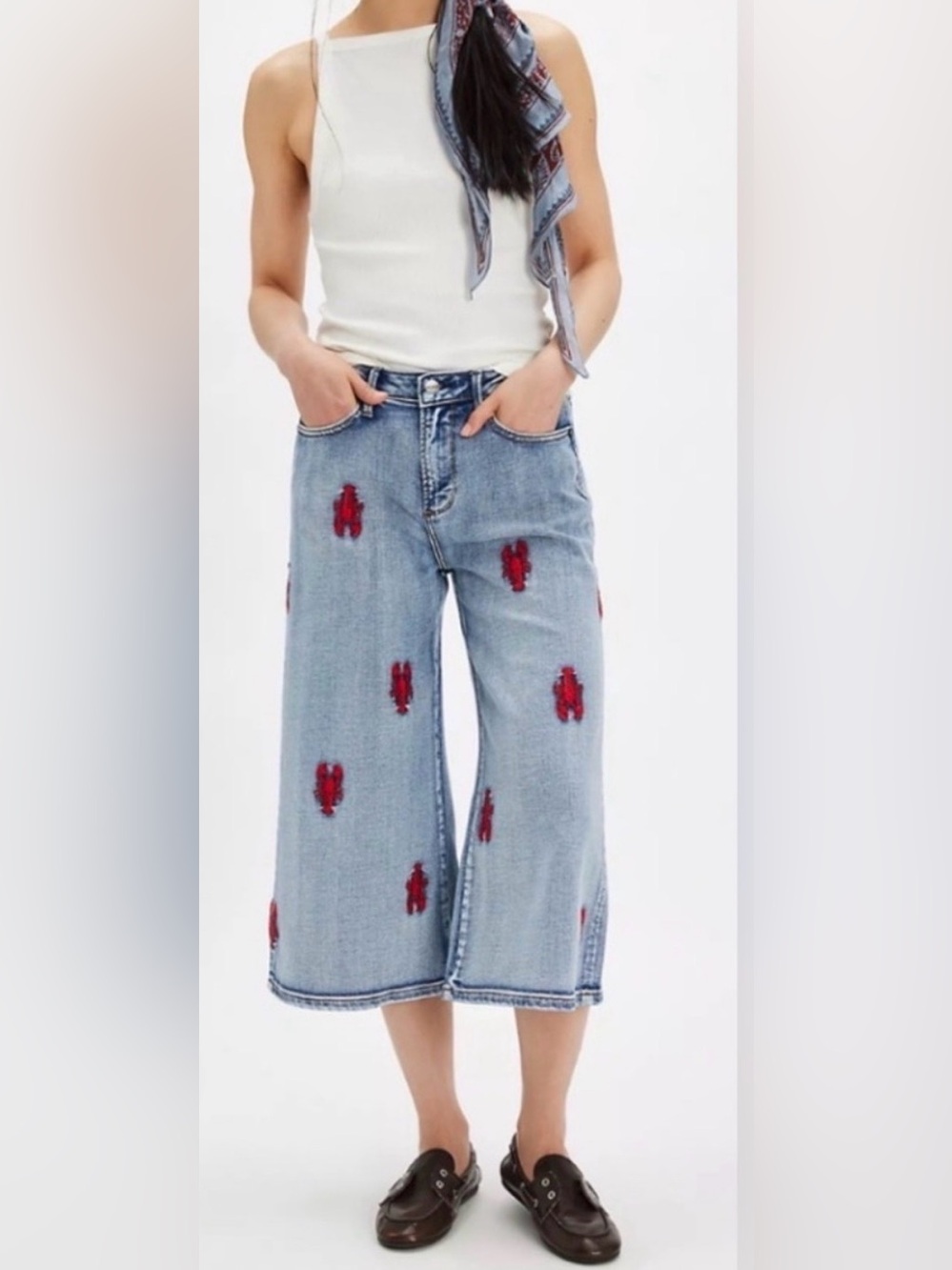 Driftwood Wide Leg Cropped Culotte Jeans Red Lobster Embroidered Light Wash